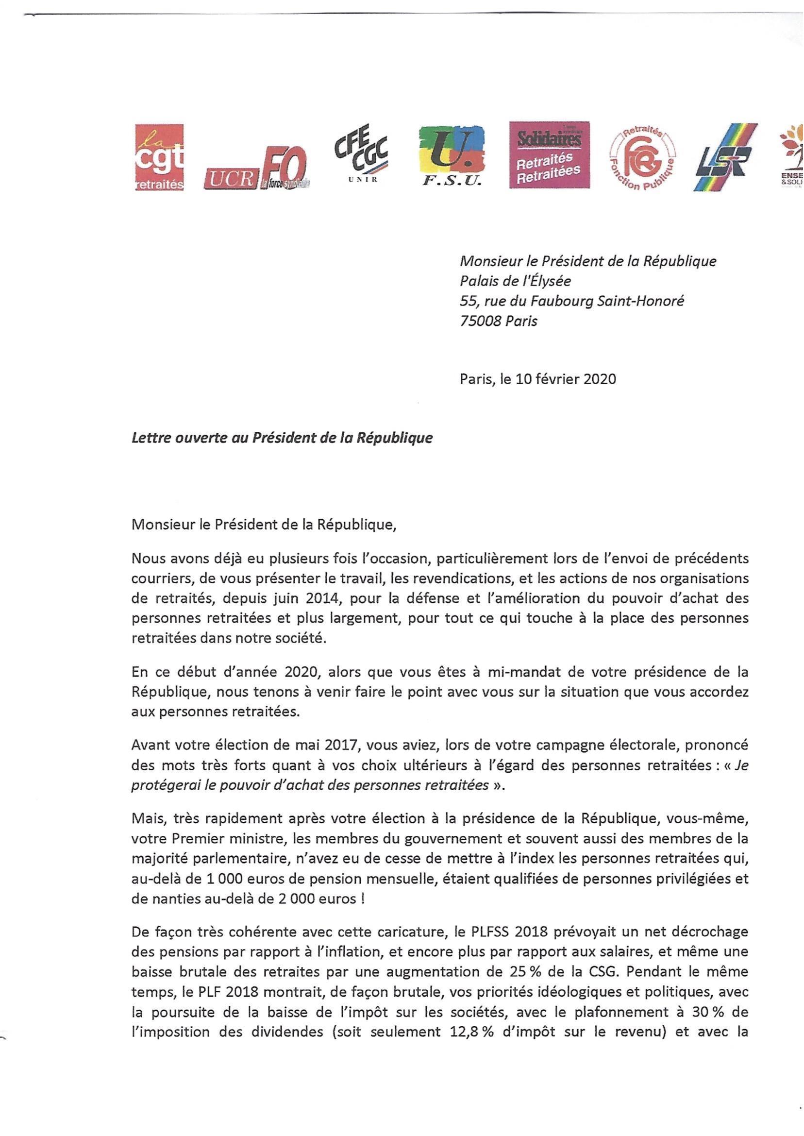 Inter lettre 2020 lettre des 8 organisations de retraités envoyée au Président de la République